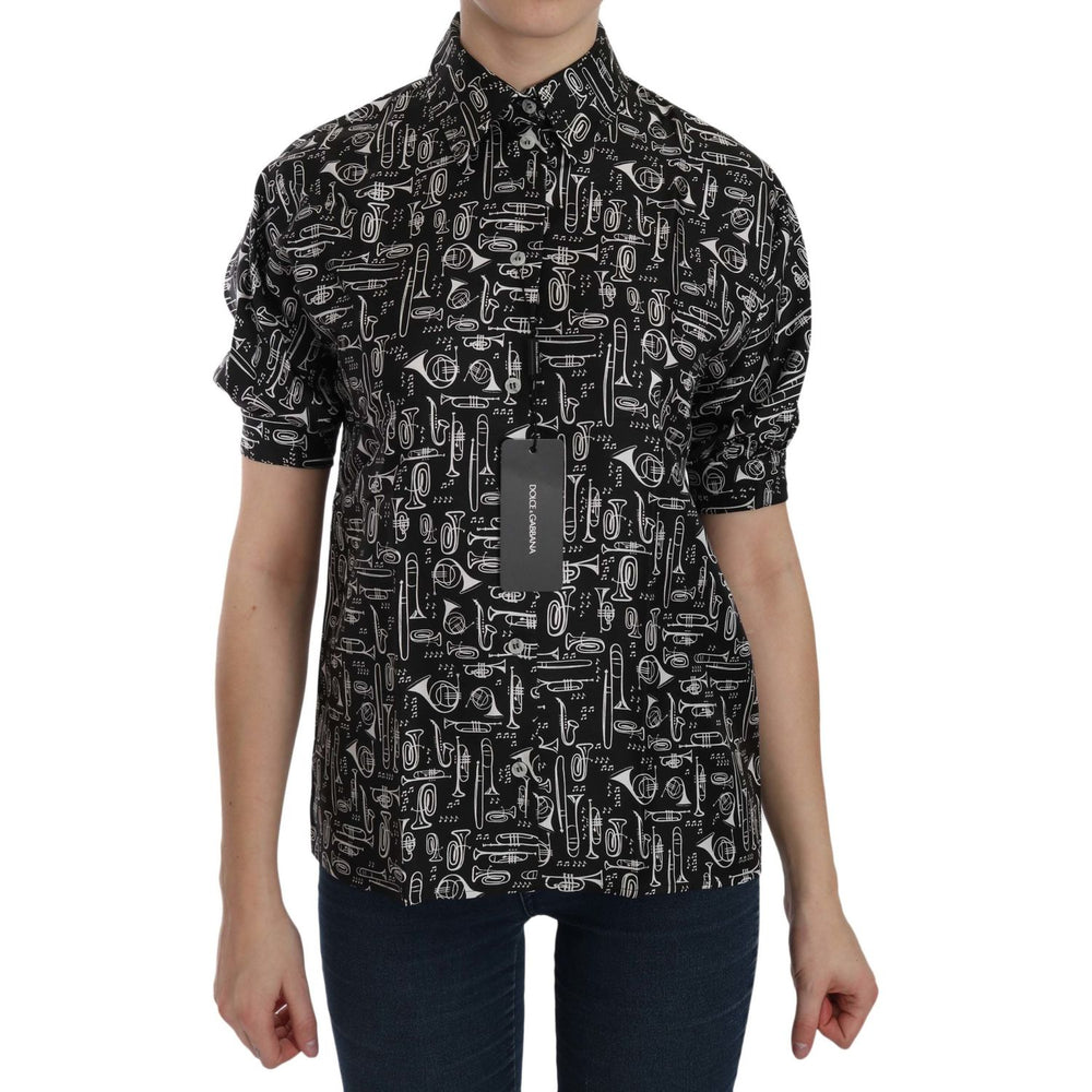 Dolce & Gabbana Black Musical Instrument Collared Blouse Shirt TSH3115-36