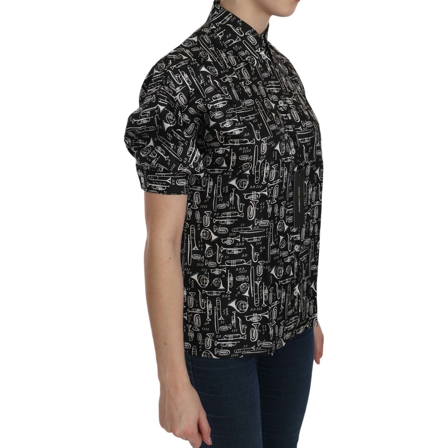 Dolce & Gabbana Black Musical Instrument Collared Blouse Shirt TSH3115-36