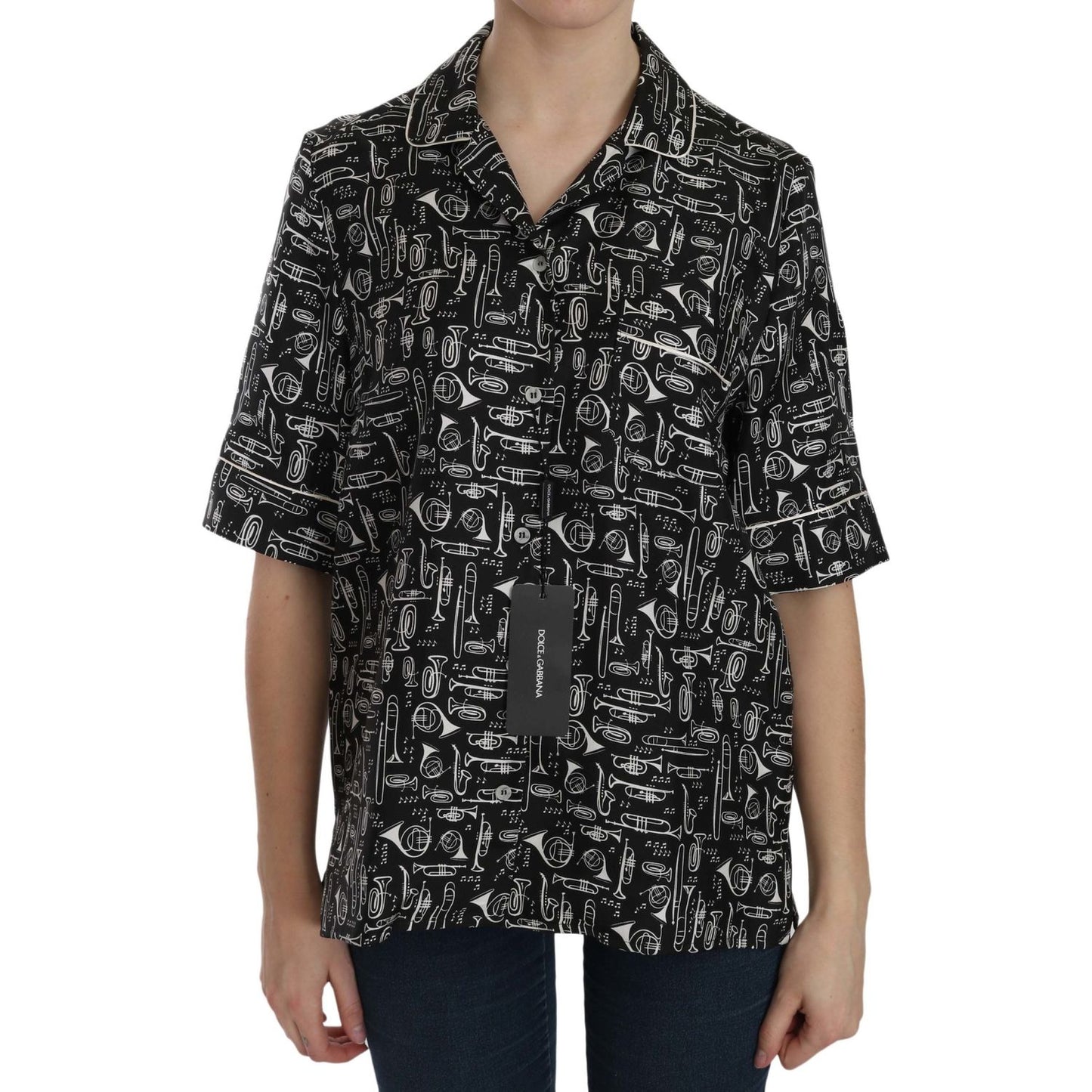 Dolce & Gabbana Black Musical Instrument Print Silk Top TSH3116-36
