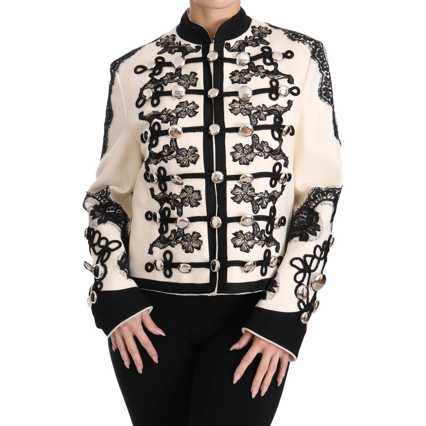 Dolce & Gabbana White Wool Black Floral Baroque Jacket JKT2317-36