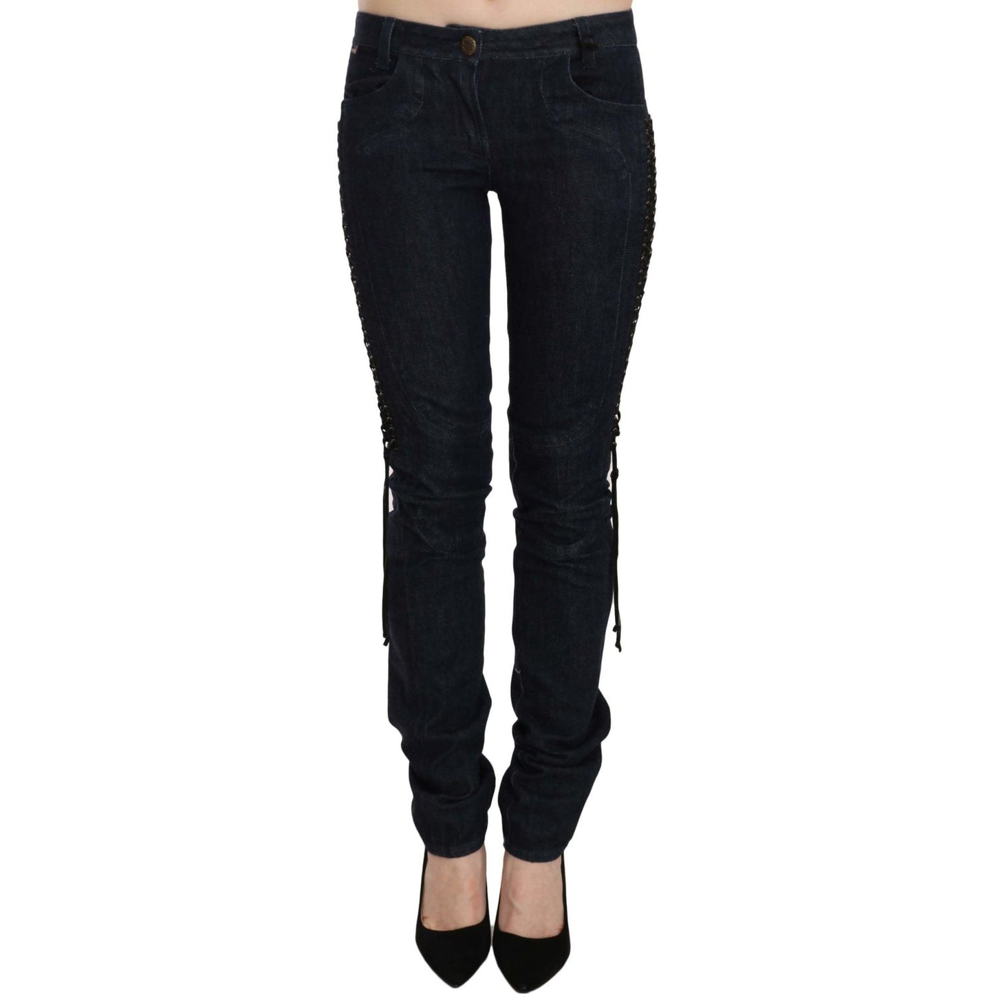 Just Cavalli Blue Low Waist Skinny Trousers Braided String Pants PAN70321-26