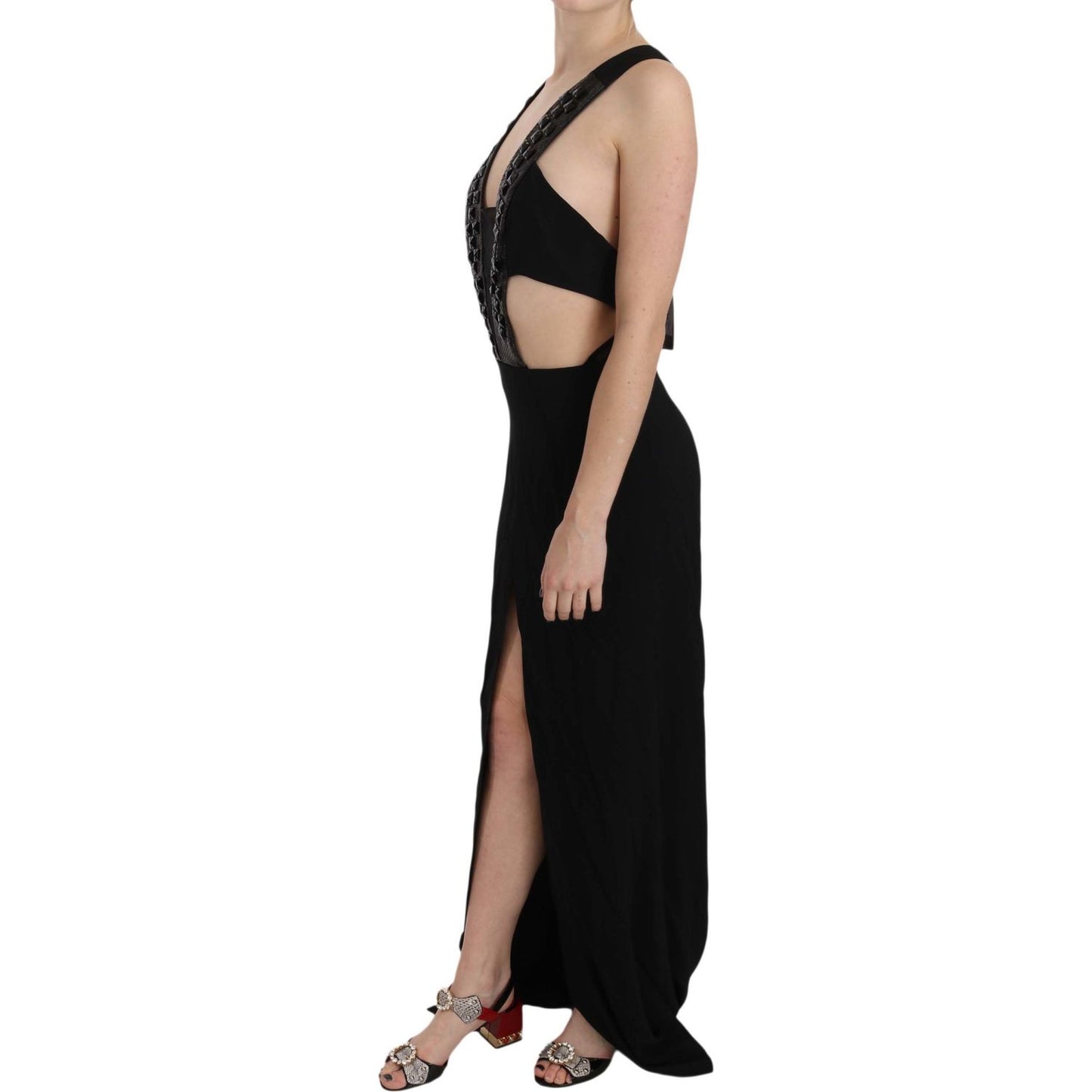 John Richmond Black Crystal Leather Gown Flare Dress DR1678-40