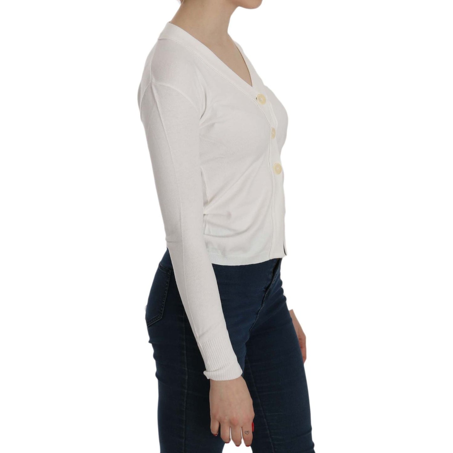 BYBLOS White V-neck Long Sleeve Cropped Cardigan Tops Sweater TSH3905-L