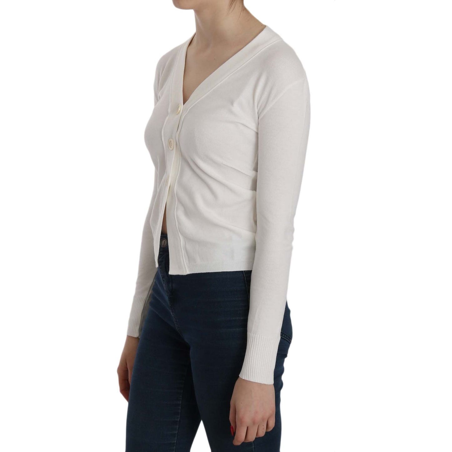 BYBLOS White V-neck Long Sleeve Cropped Cardigan Tops Sweater TSH3905-L