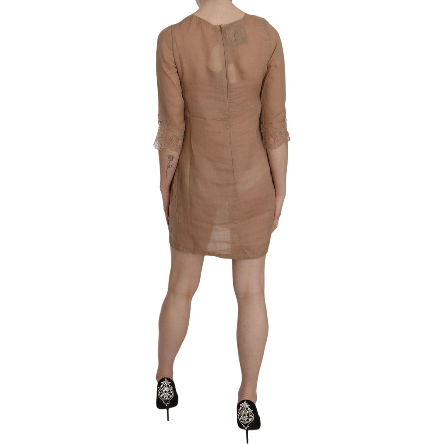 PINK MEMORIES Brown 3/4 Sleeve Crewneck Shift Mini Dress TSH3457-40