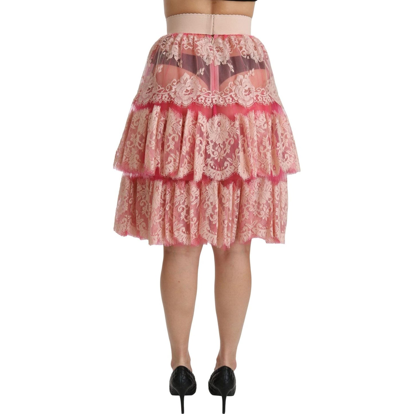 Dolce & Gabbana Pink Lace Layered High Waist Knee Length Skirt SKI1346-40