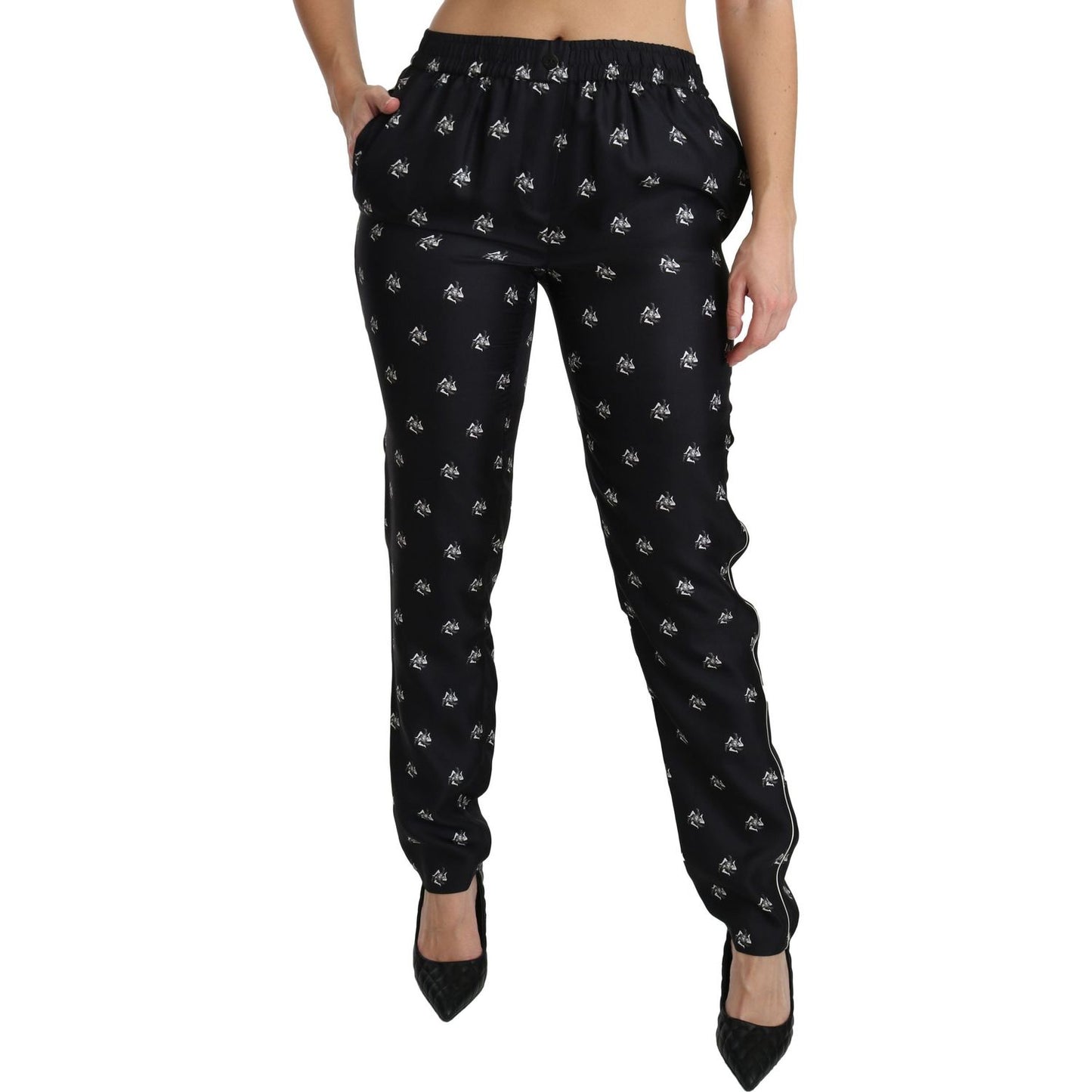 Dolce & Gabbana Black Printed Mid Waist Skinny Silk Pants