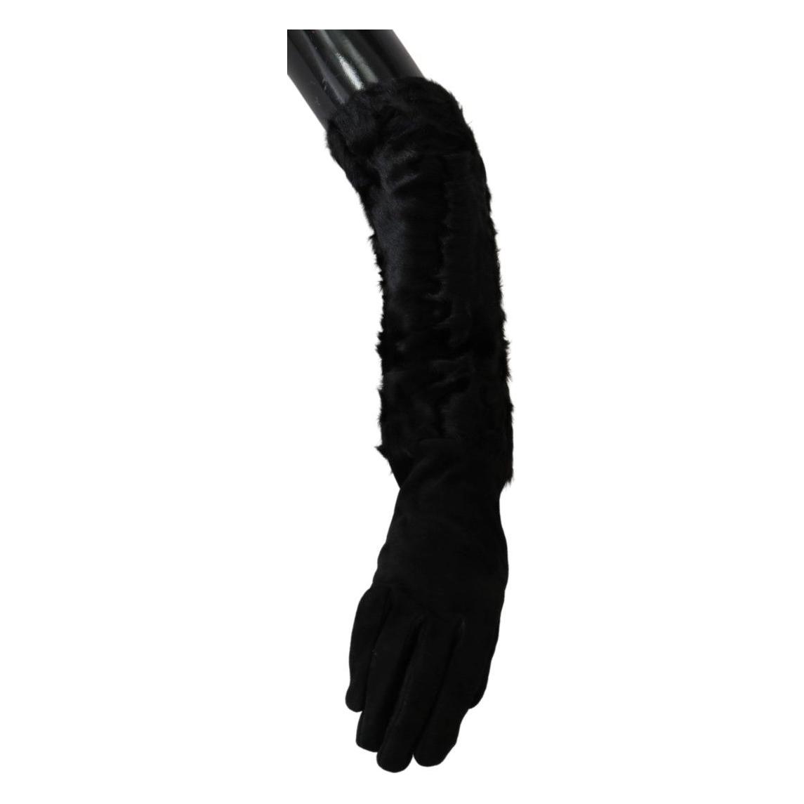 Dolce & Gabbana Black Elbow Length Mitten Suede Fur Gloves LB1013-7.5