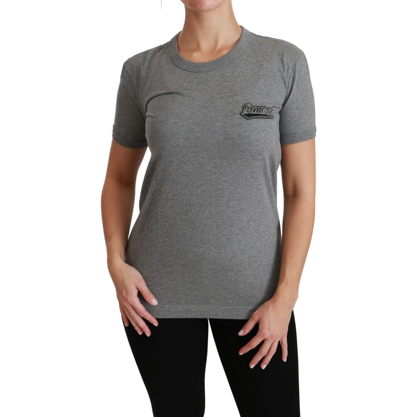 Dolce & Gabbana Gray Crewneck Amore Patch Cotton Top T-shirt
