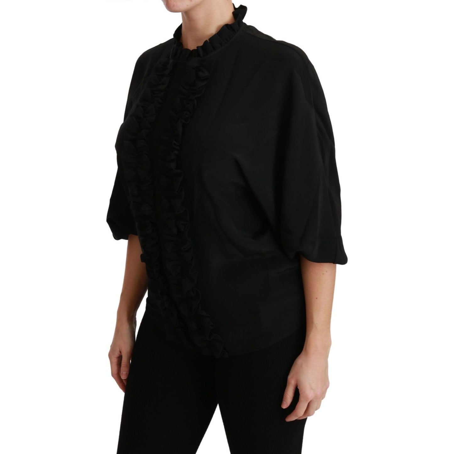 Dolce & Gabbana Black Silk Shirt Ruffled Top Blouse TSH4462-36