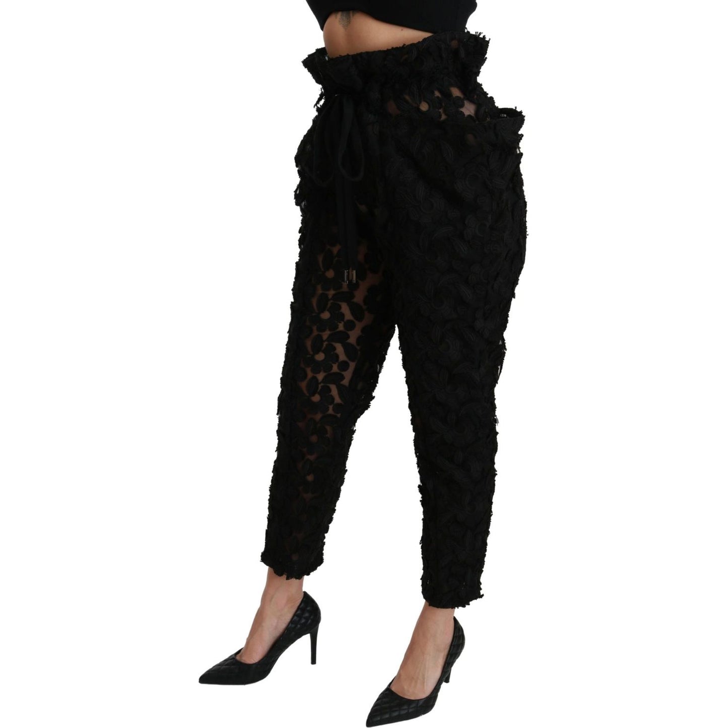 Dolce & Gabbana Black Floral Lace Tapered High Waist Pants PAN70946-40