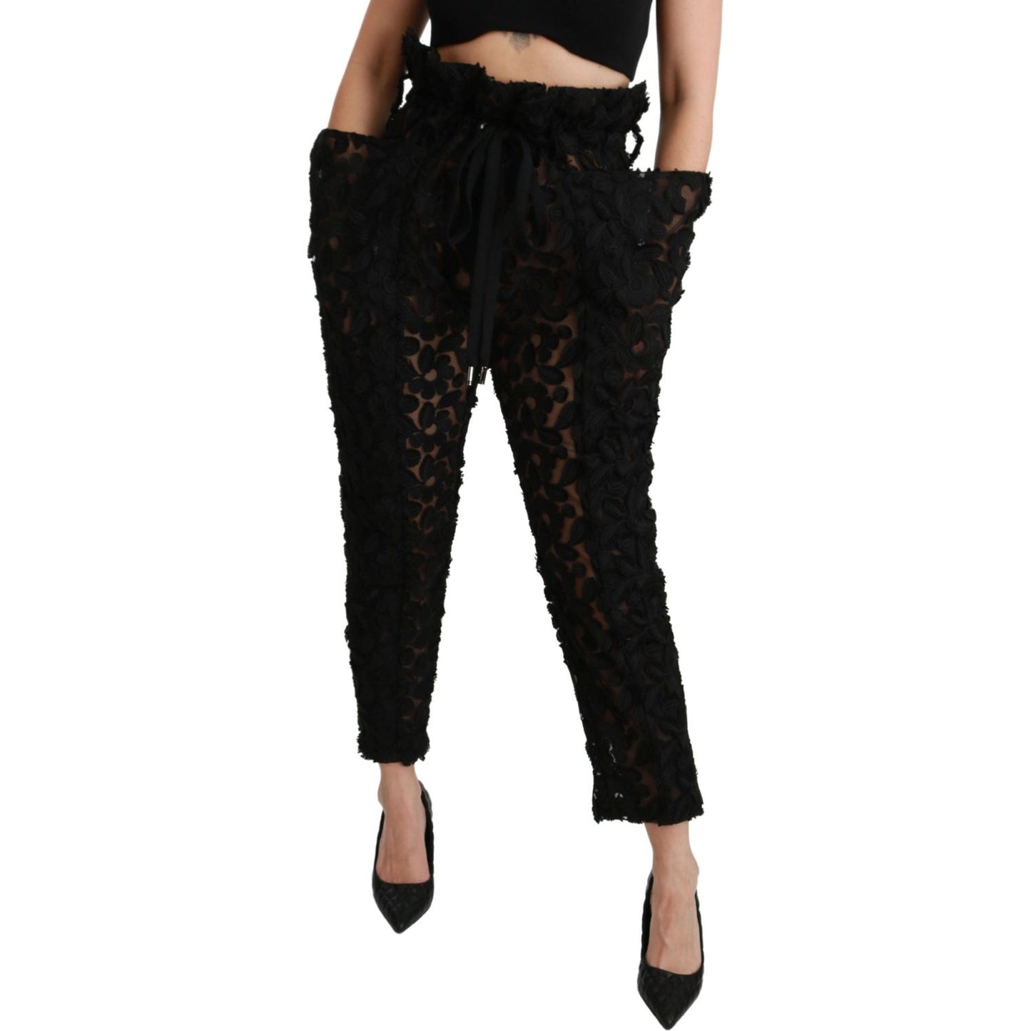 Dolce & Gabbana Black Floral Lace Tapered High Waist Pants PAN70946-40