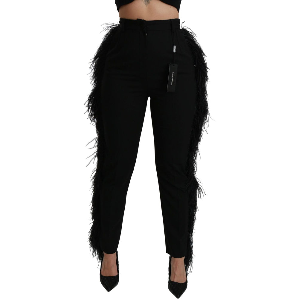 Dolce & Gabbana Black Feather Straight High Waist Wool Pants PAN70953-40