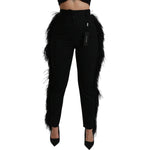 Dolce & Gabbana Black Feather Straight High Waist Wool Pants PAN70953-40