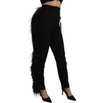 Dolce & Gabbana Black Feather Straight High Waist Wool Pants PAN70953-40