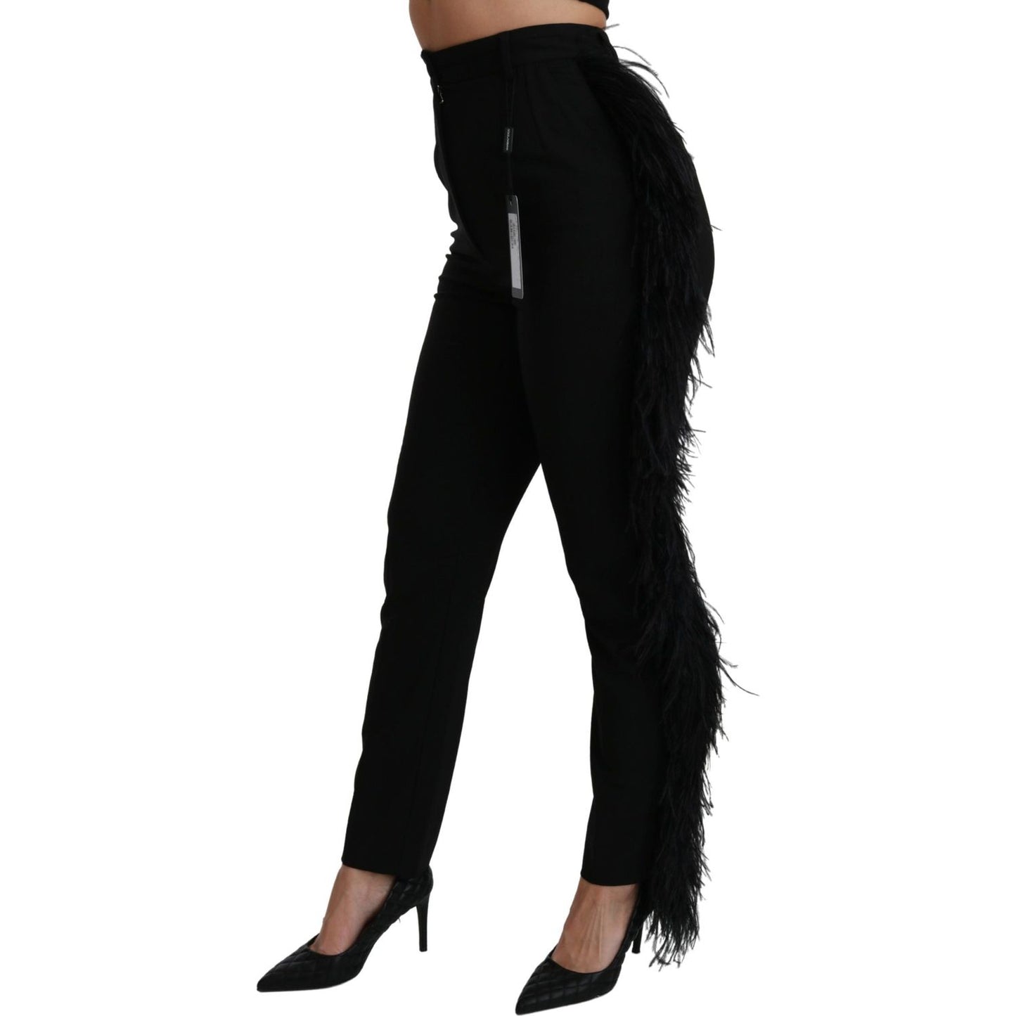 Dolce & Gabbana Black Feather Straight High Waist Wool Pants PAN70953-40