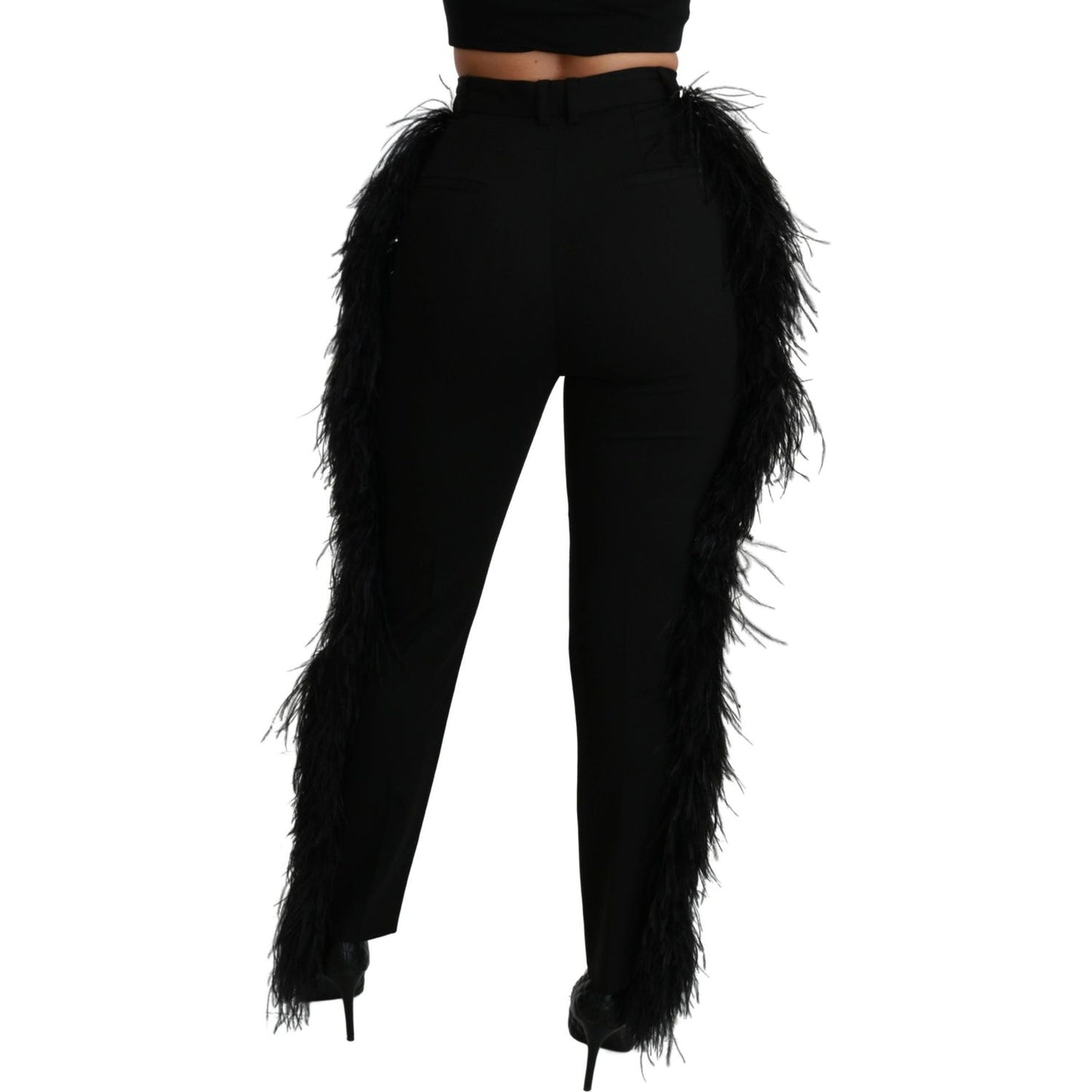 Dolce & Gabbana Black Feather Straight High Waist Wool Pants PAN70953-40