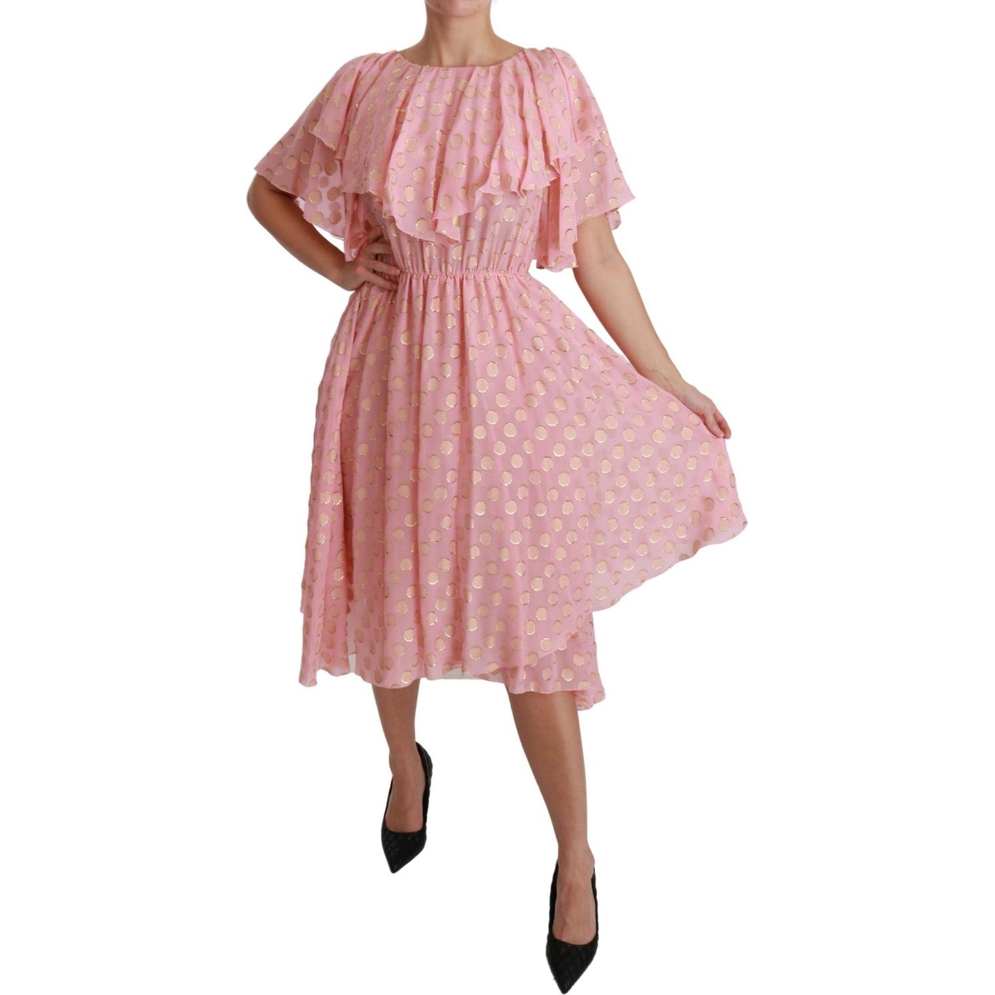 Dolce & Gabbana Silk Pink Polka Dots Pleated A-line Midi Dress DR2520-40