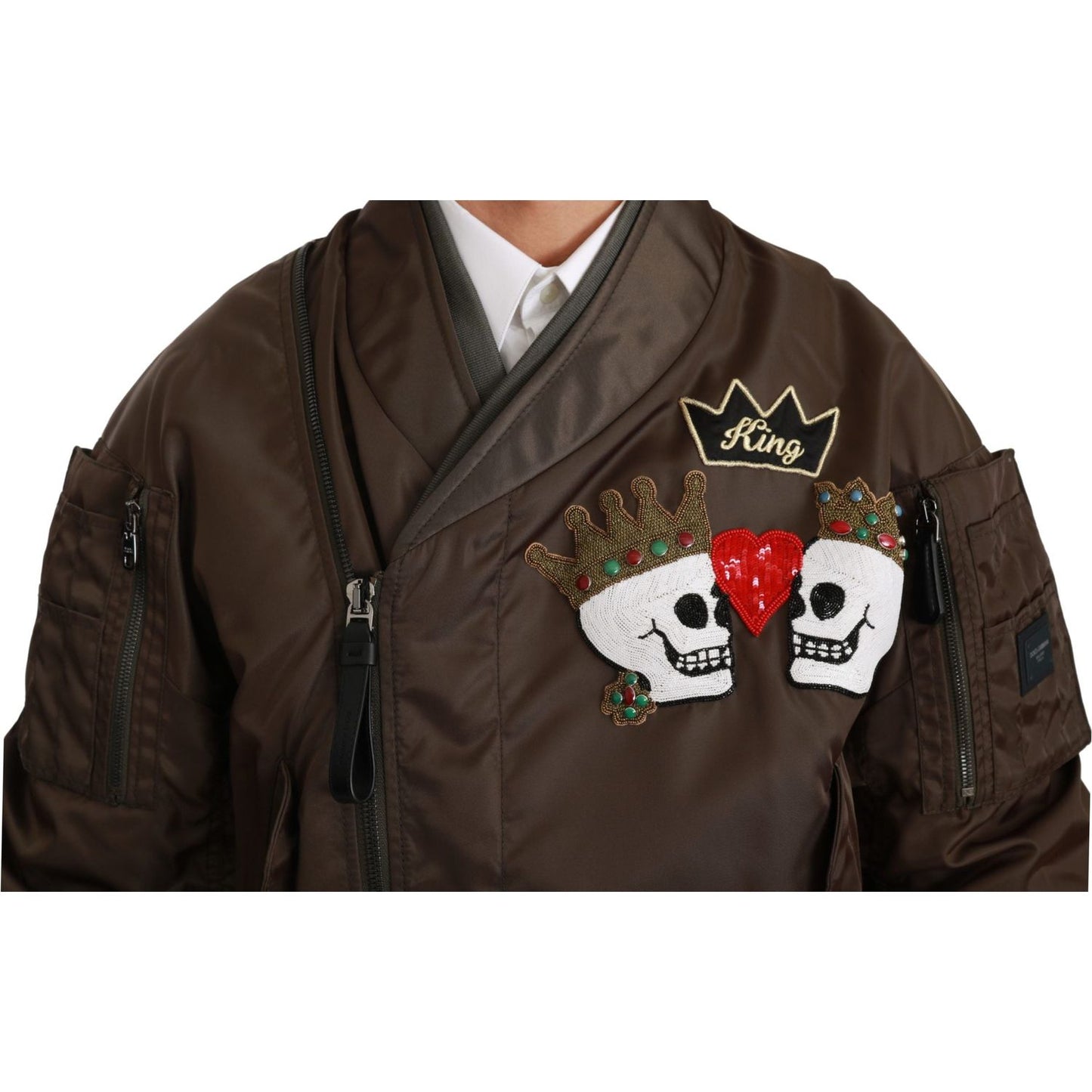 Dolce & Gabbana Brown Beaded Crown Skull Logo Jacket JKT2541-44