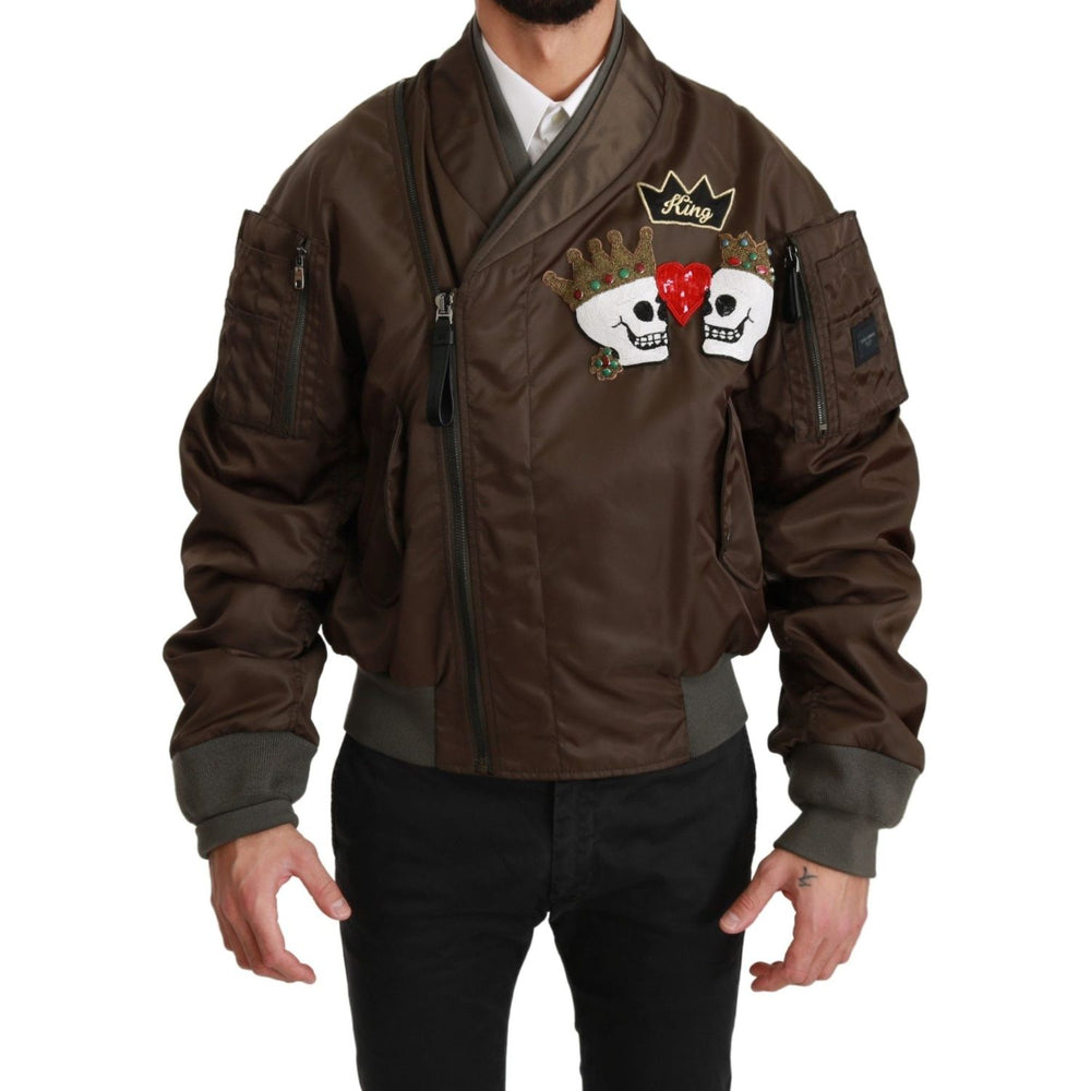 Dolce & Gabbana Brown Beaded Crown Skull Logo Jacket JKT2541-44