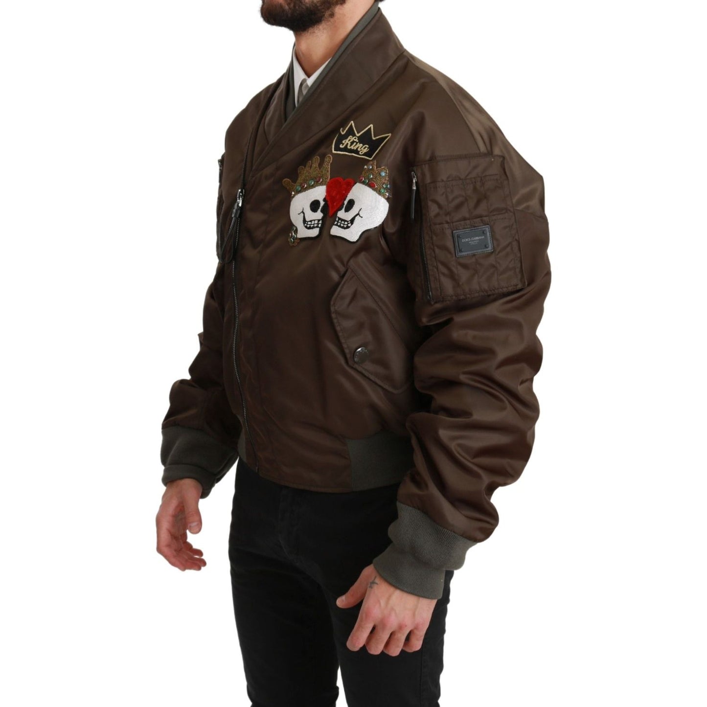 Dolce & Gabbana Brown Beaded Crown Skull Logo Jacket JKT2541-44