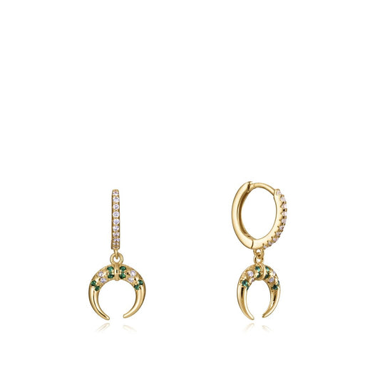 Elegant gold crescent earrings with gemstones, suitable for any occasion.