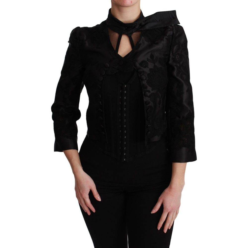 Dolce & Gabbana Black Floral Jacquard Blazer Silk Jacket JKT2624-38