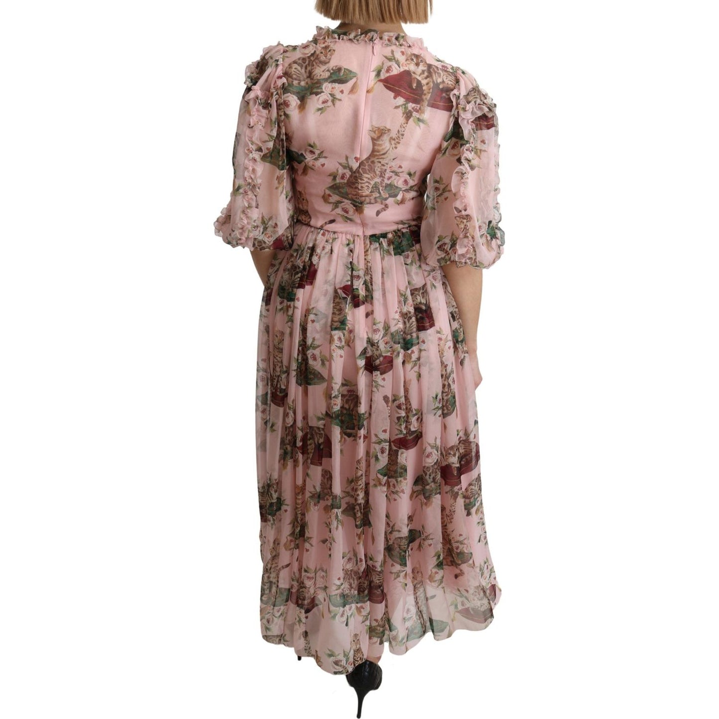 Dolce & Gabbana Pink Bengal Cat Print A-line Maxi Silk Dress DR2604-38