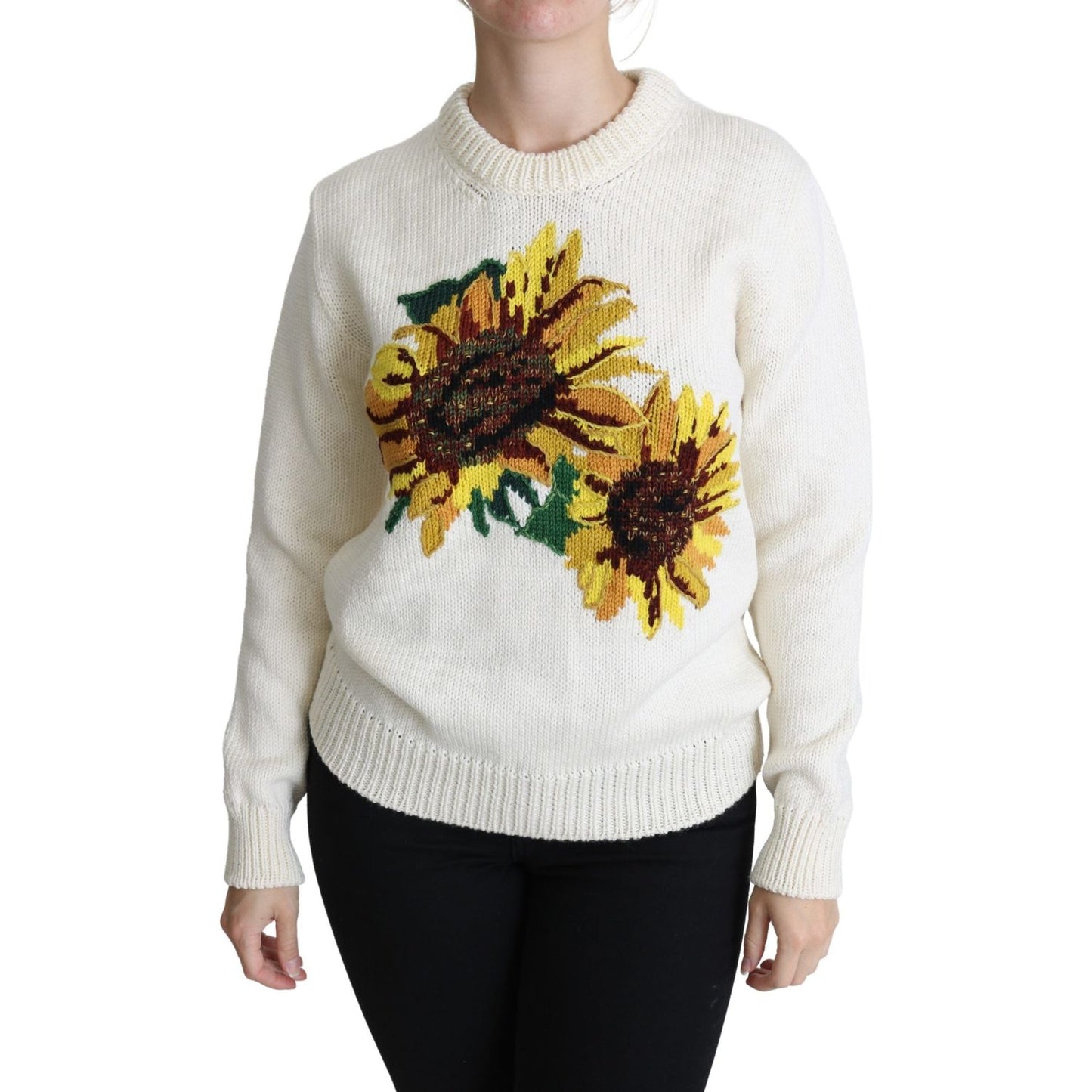 Dolce & Gabbana White Floral Wool Pullover Sunflower Sweater TSH5357-36