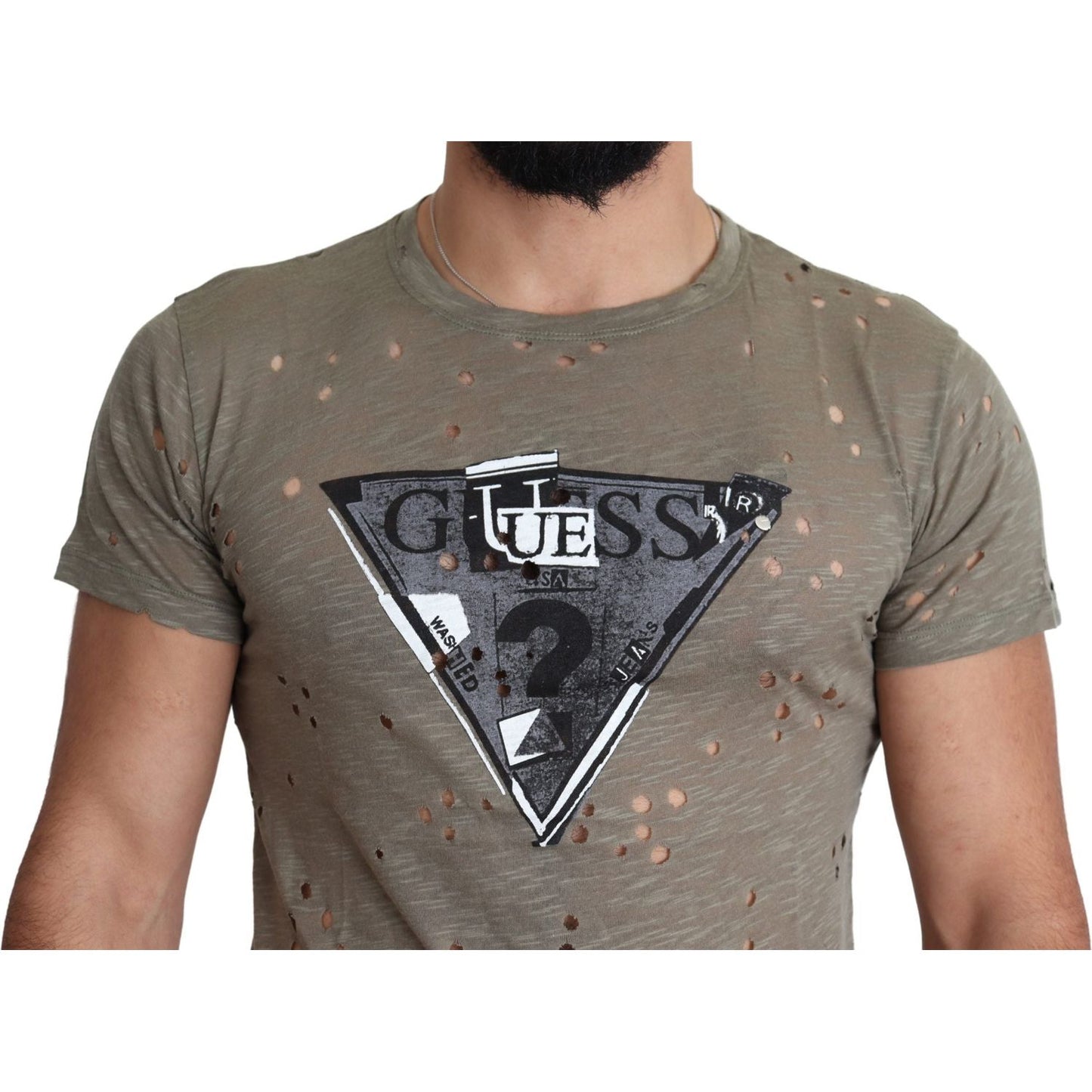Guess Brown Cotton Stretch Logo Print Men Casual Perforated T-shirt TSH5079-M