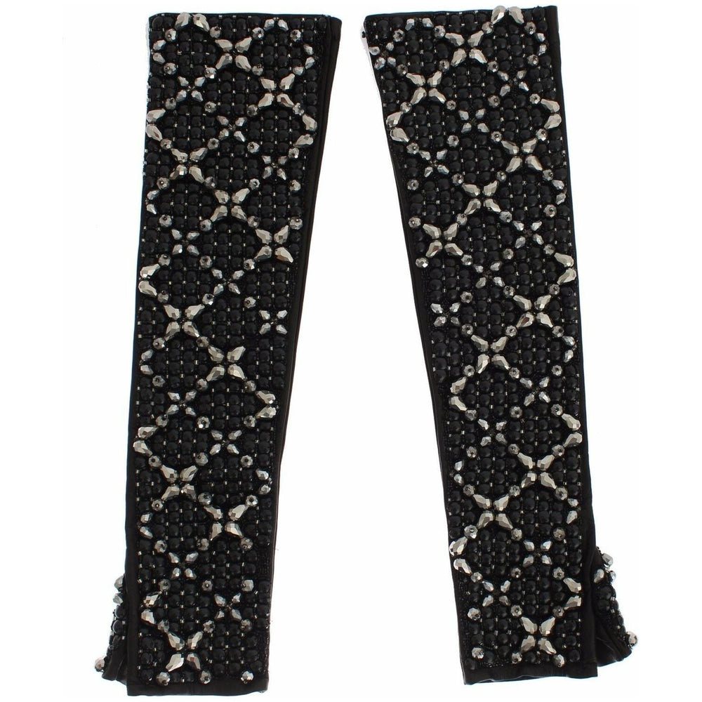 Dolce & Gabbana Black Leather Crystal Beaded Finger Free Gloves GLO020-7