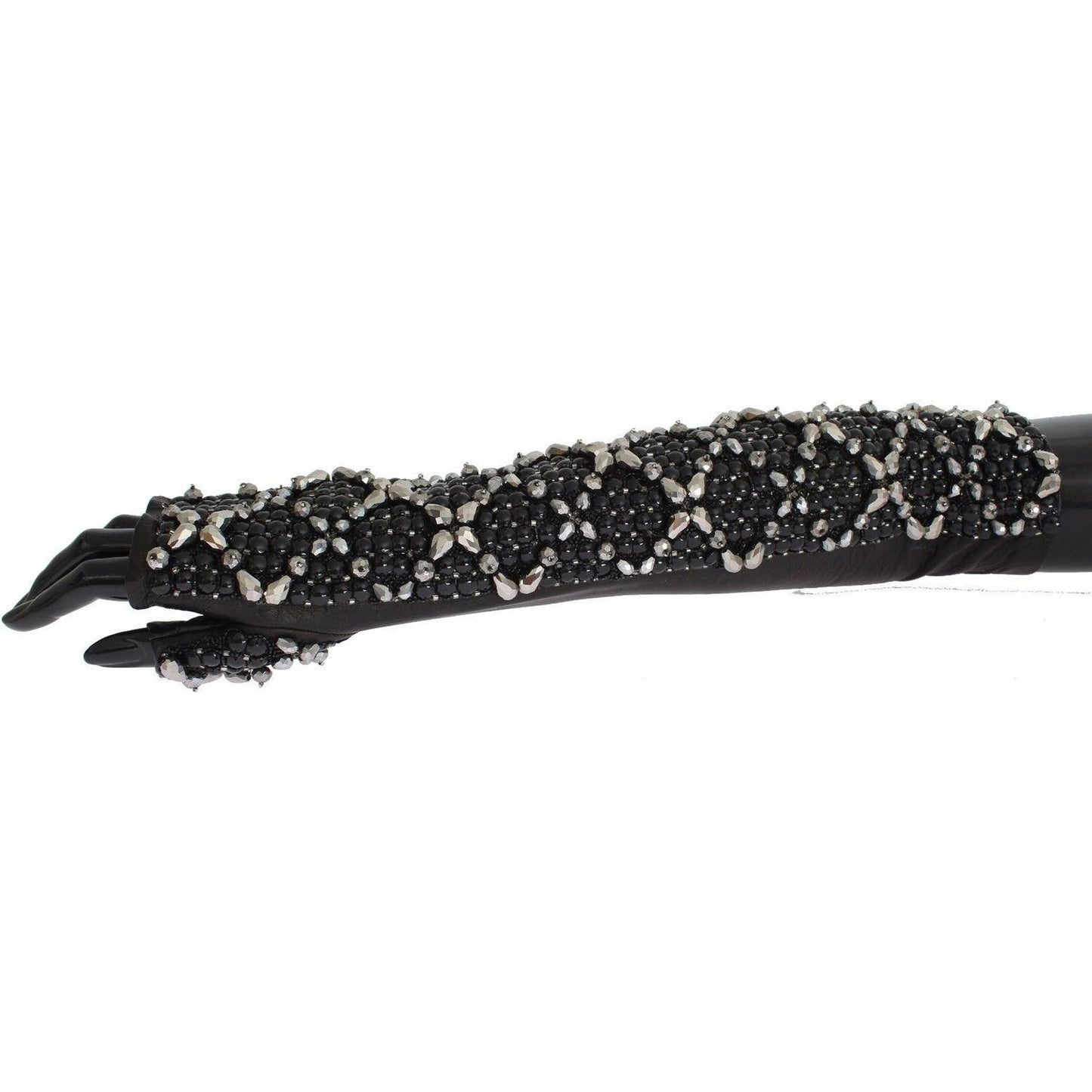 Dolce & Gabbana Black Leather Crystal Beaded Finger Free Gloves GLO020-7