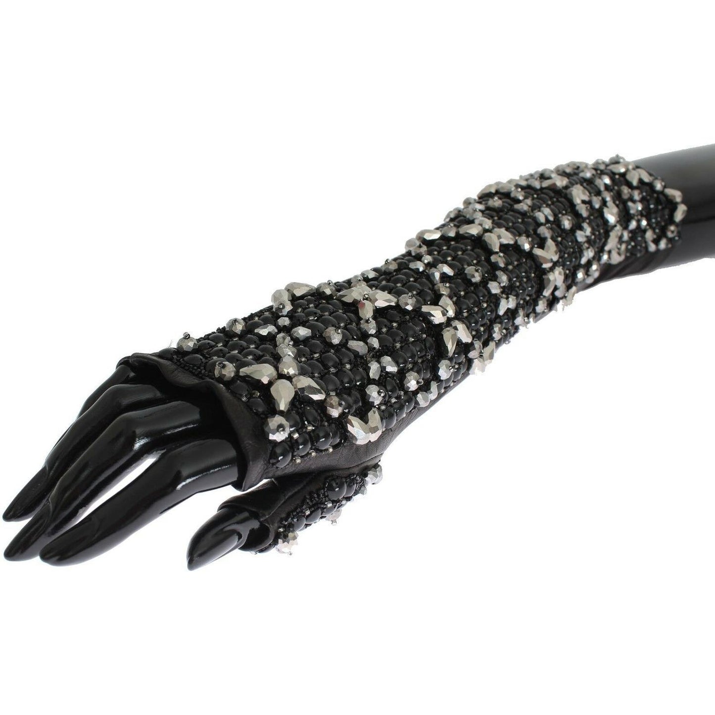 Dolce & Gabbana Black Leather Crystal Beaded Finger Free Gloves GLO020-7
