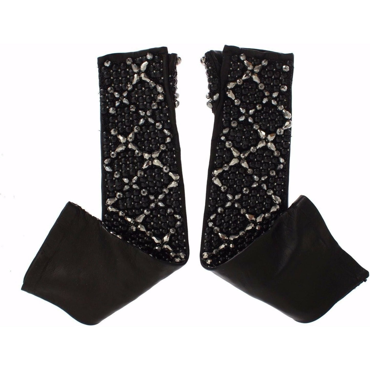 Dolce & Gabbana Black Leather Crystal Beaded Finger Free Gloves GLO020-7