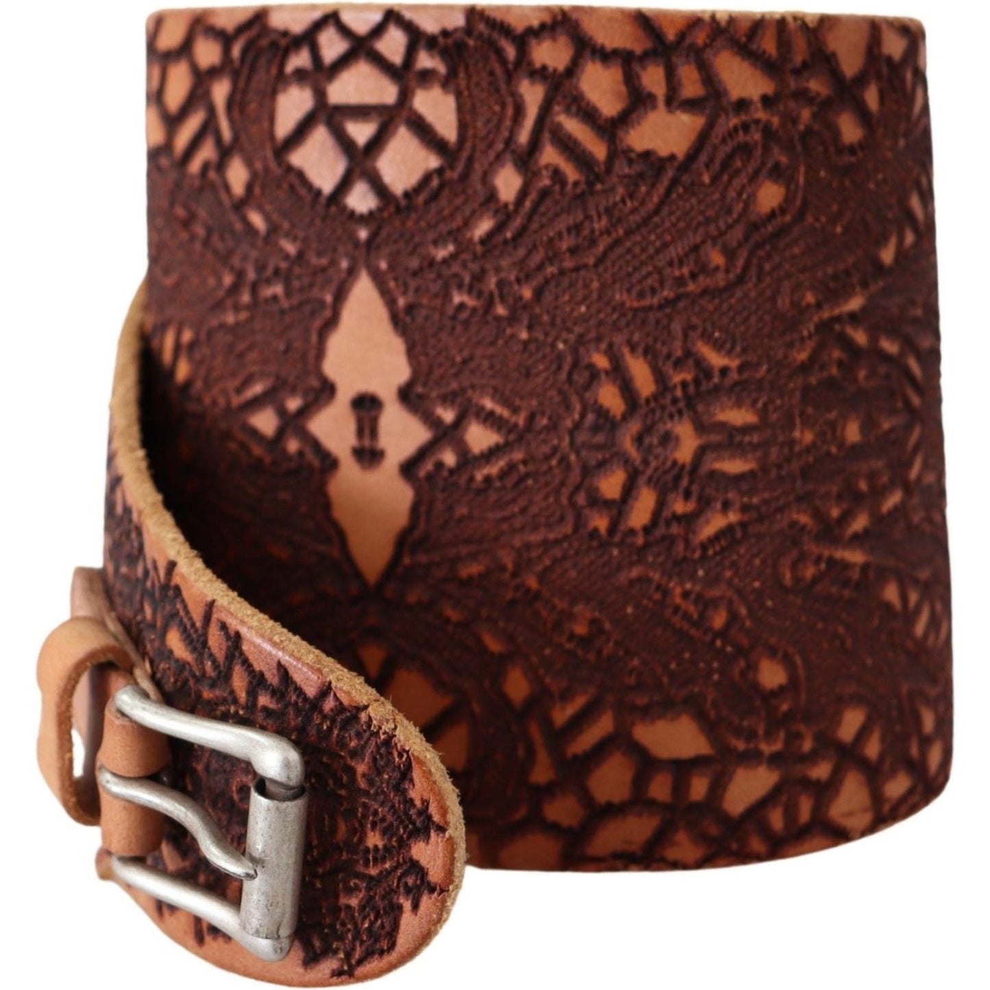 Scervino Street Brown Wide Leather Embroidered Design Logo Belt BEL8158-85
