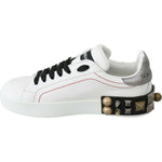 Dolce & Gabbana White Leather Crystal Roses Floral Sneakers Shoes LA6691-35