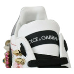 Dolce & Gabbana White Leather Crystal Roses Floral Sneakers Shoes LA6691-35