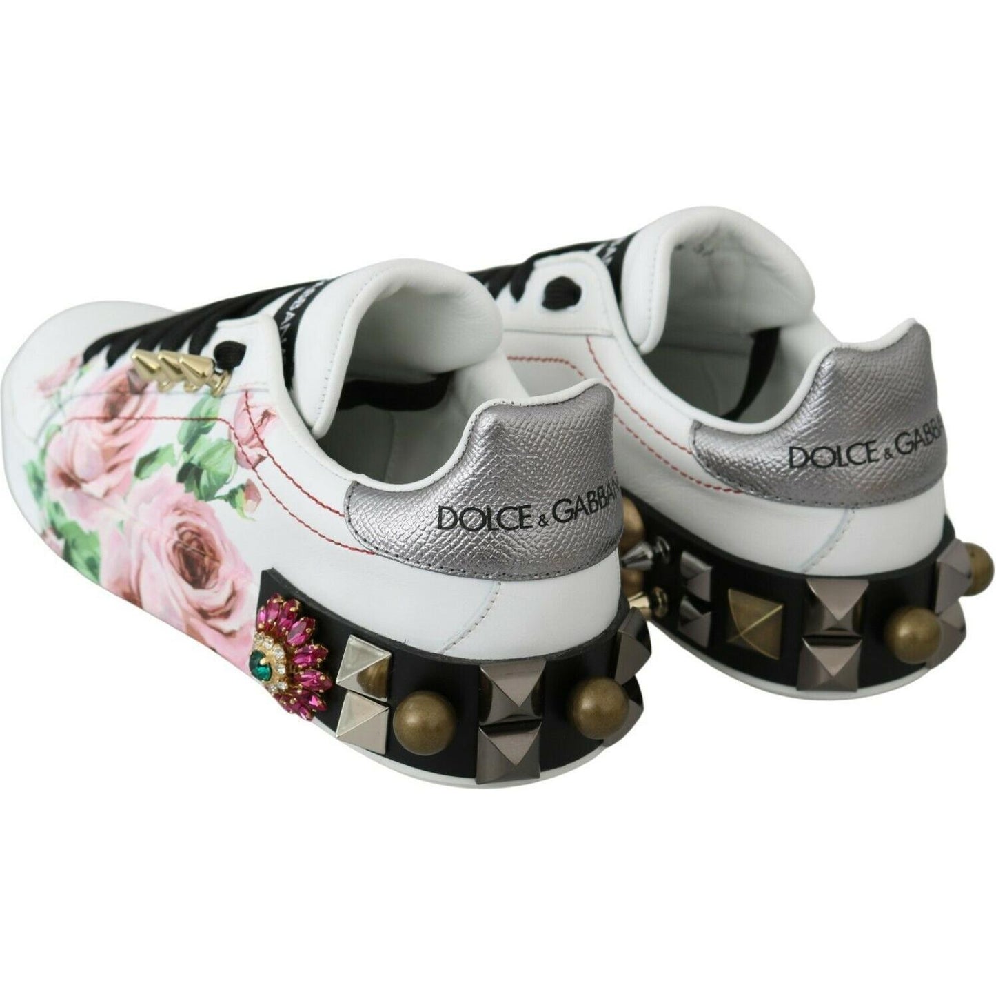 Dolce & Gabbana White Leather Crystal Roses Floral Sneakers Shoes LA6691-35