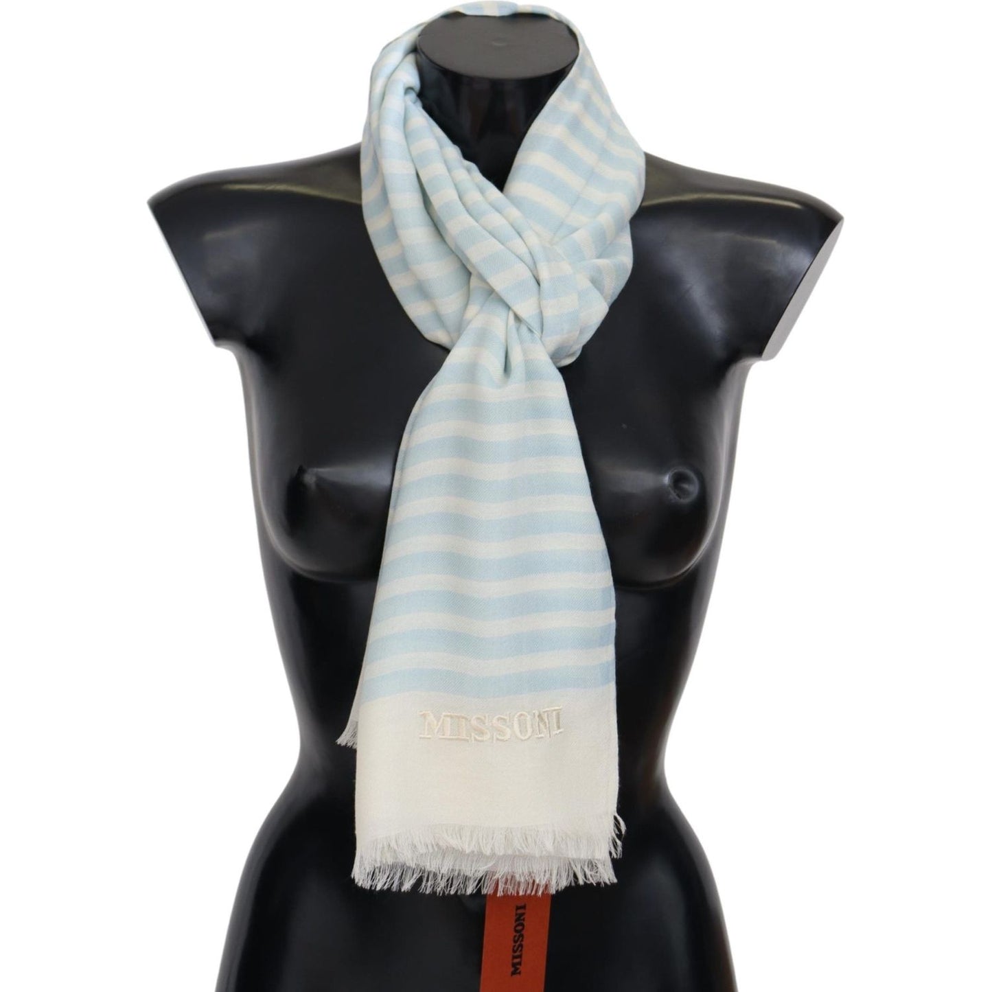 Missoni Blue White Lined Cashmere Unisex Wrap Scarf MS2061