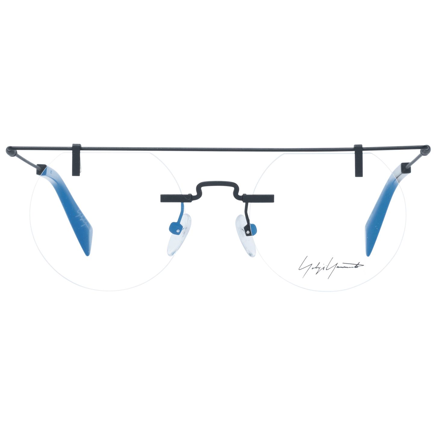 Yohji Yamamoto Black Metal Glasses (Frames) with round demo lenses and blue-filter, 49-20-148, featuring branded design and bottom-rim style.
