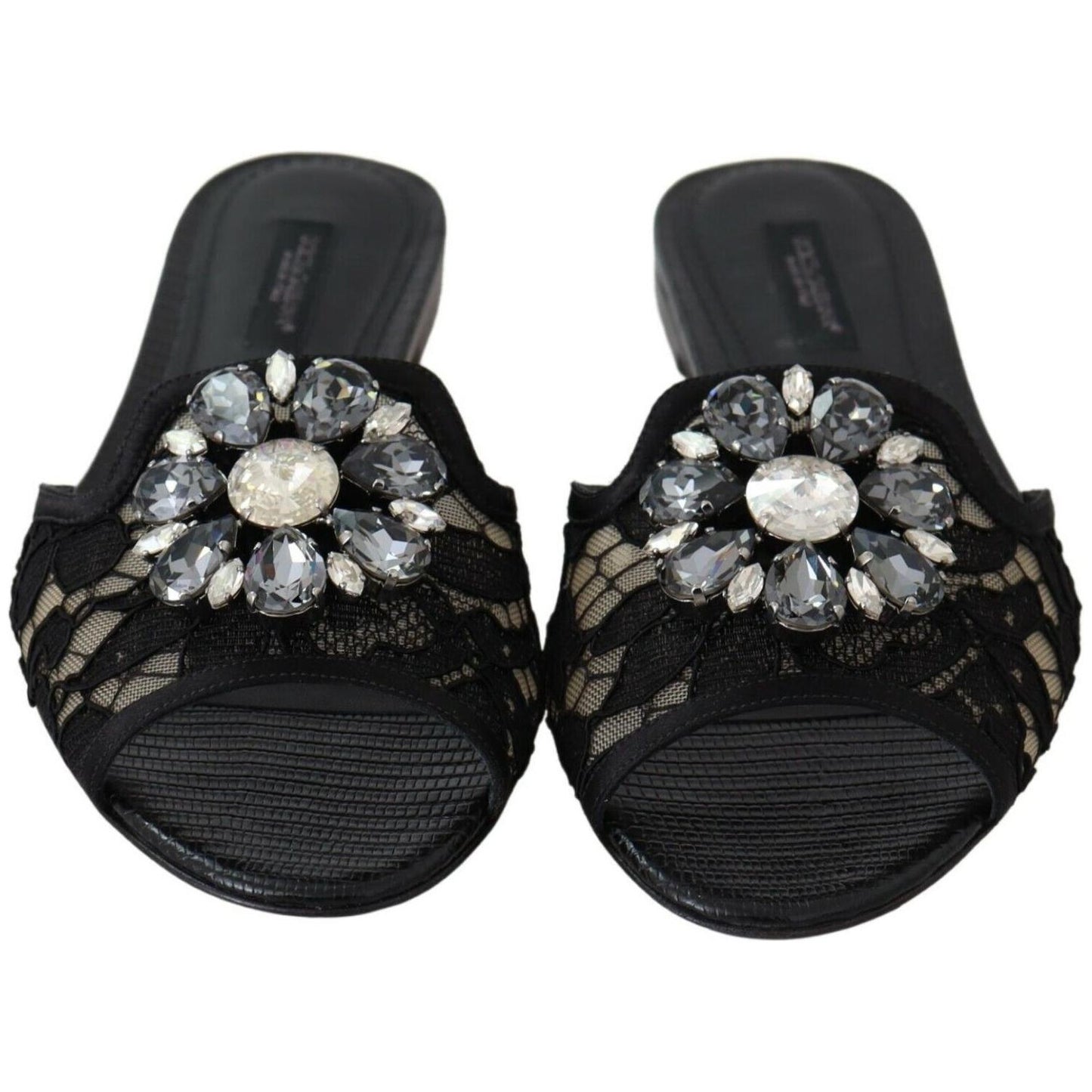 Dolce & Gabbana Black Taormina Lace Slides Crystals Flats Shoes LA8935-35.5