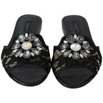 Dolce & Gabbana Black Taormina Lace Slides Crystals Flats Shoes LA8935-35.5