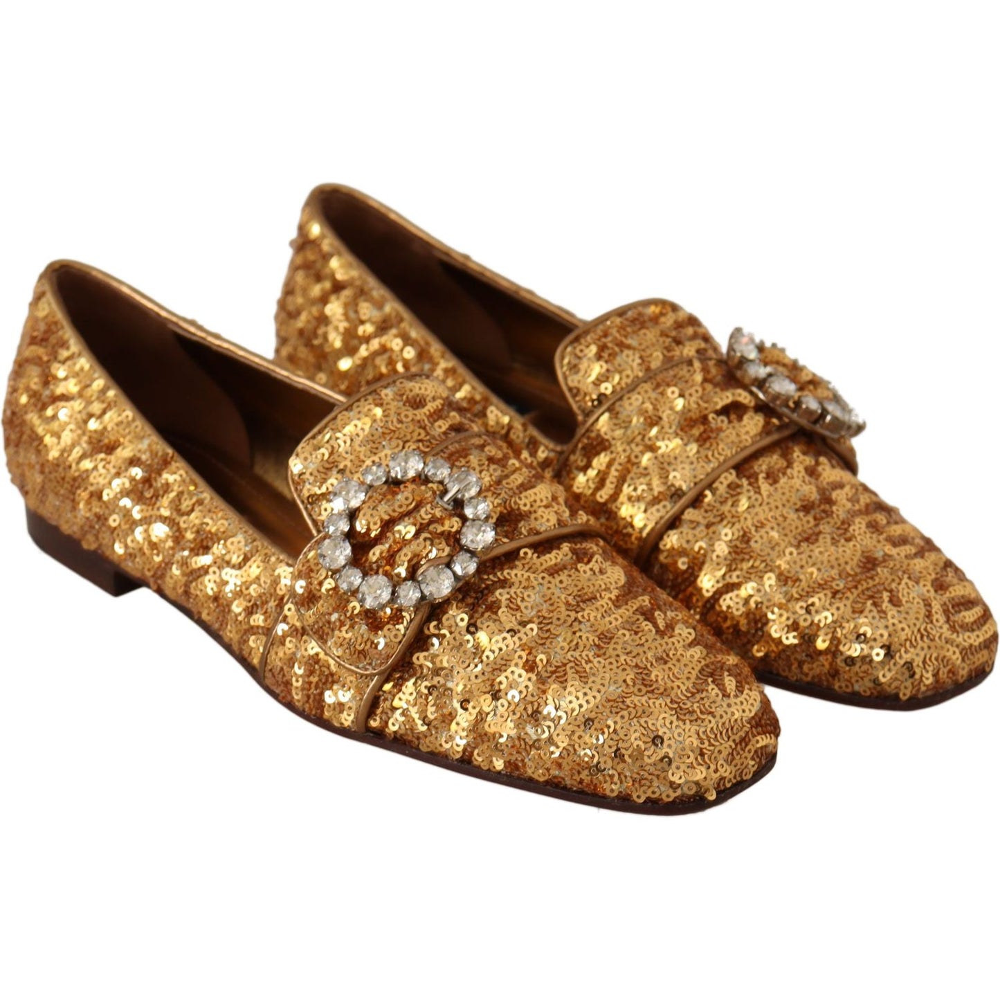 Dolce & Gabbana Gold Sequin Crystal Flat Women Loafers Shoes LA5112 -37