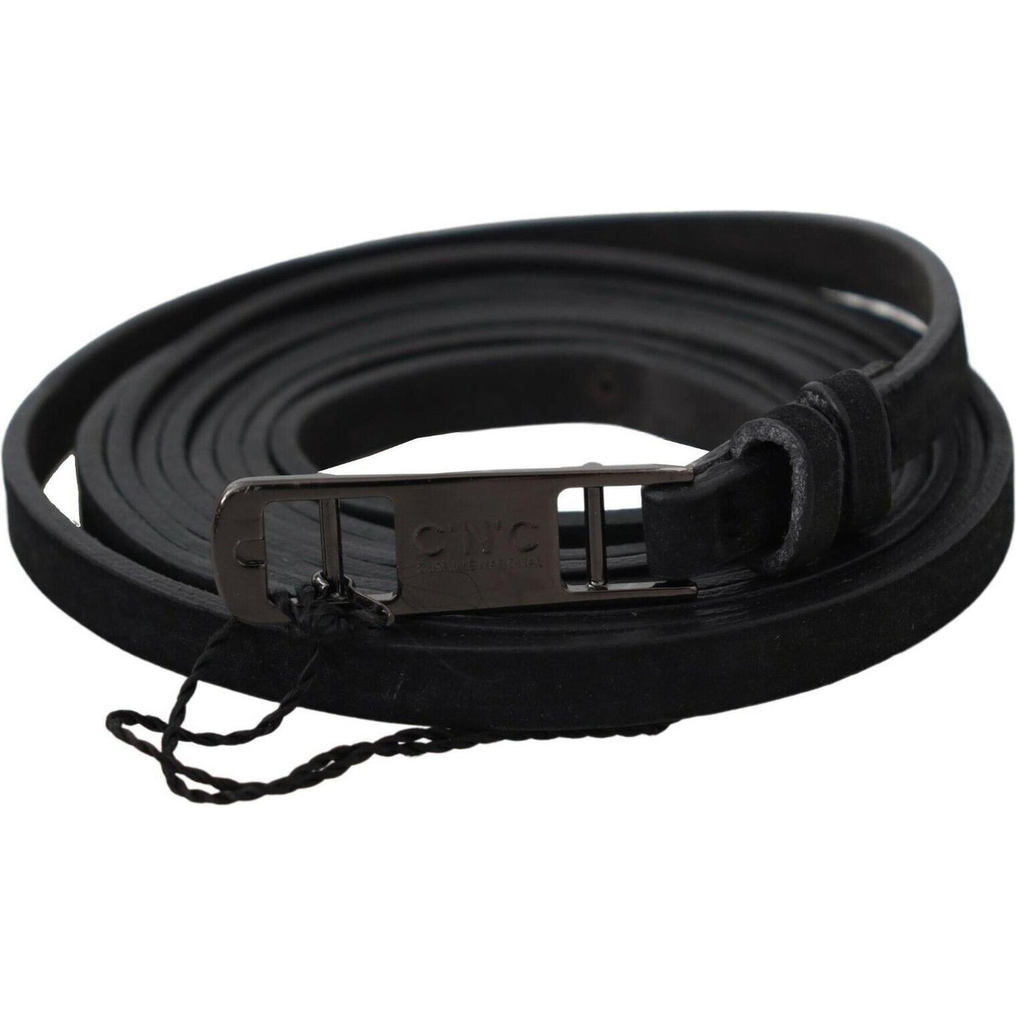 Costume National Black Leather Skinny Logo Buckle Belt BEL61003- 100