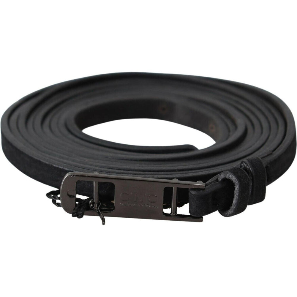 Costume National Black Leather Skinny Logo Buckle Belt BEL61003- 100