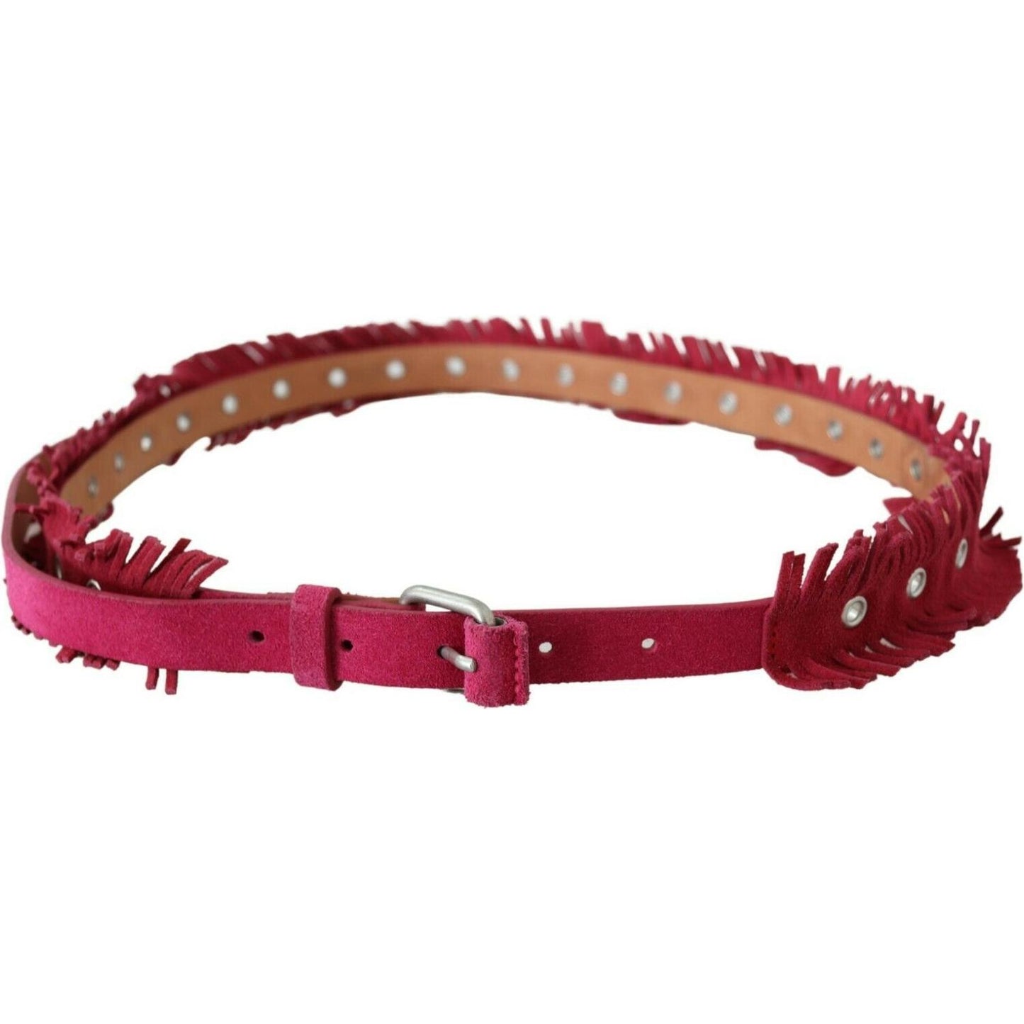 Ermanno Scervino Maroon Leather Fringes Silver Buckle Waist Belt BEL8141- 95