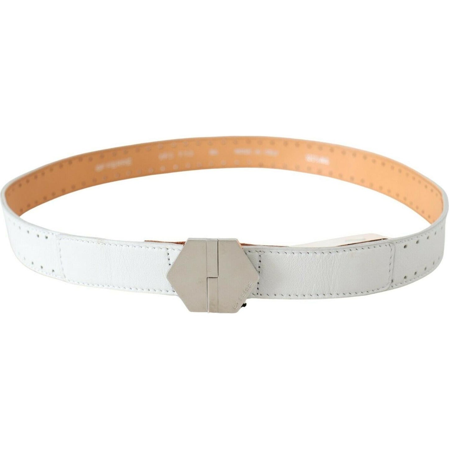 GF Ferre White Leather Hexagon Logo Buckle Waist Belt PAN71815- 85
