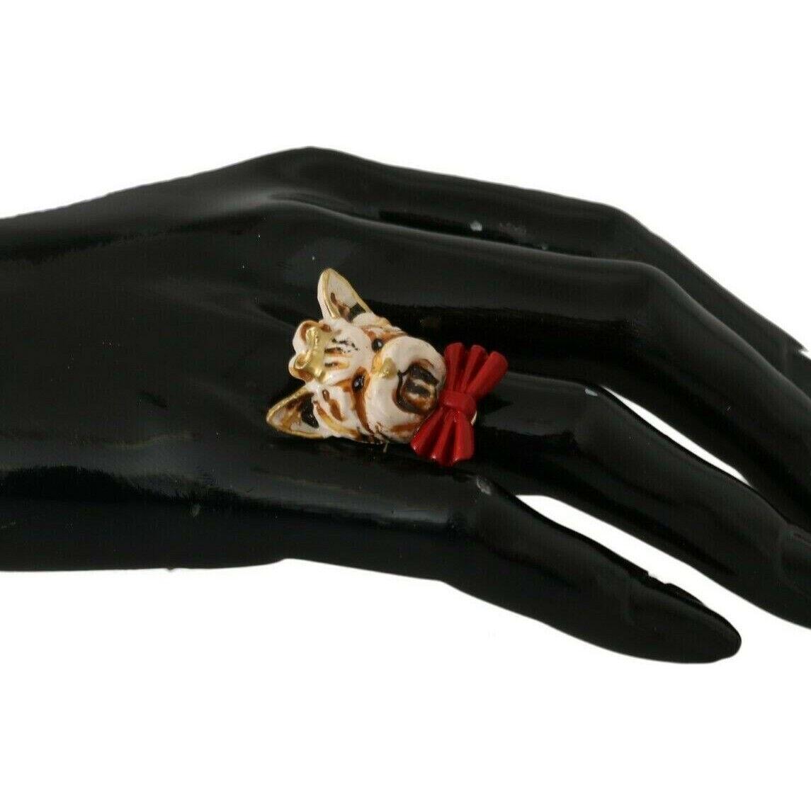Dolce & Gabbana Beige Dog Pet Branded Accessory Gold Brass Resin Ring SMY2042- US7