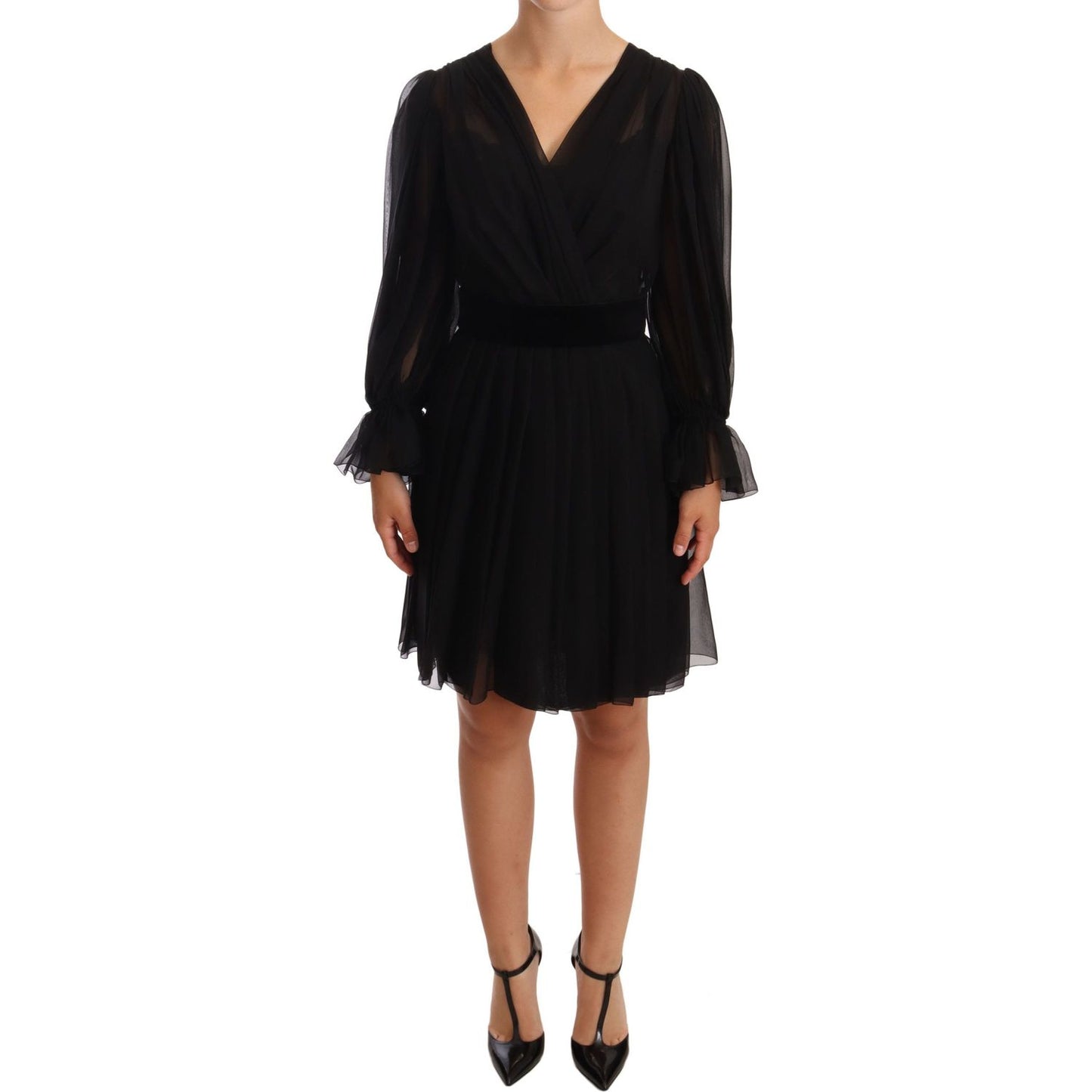 Dolce & Gabbana Black Mesh Pleated Mini Silk Stretch Dress DR28190 -38