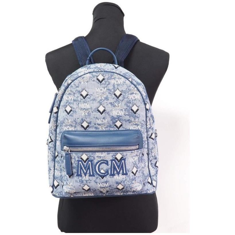 MCM Stark Small Blue Vintage Jacquard Monogram Logo Fabric Backpack Bookbag WOMAN BACKPACKS MCM Light Gray
